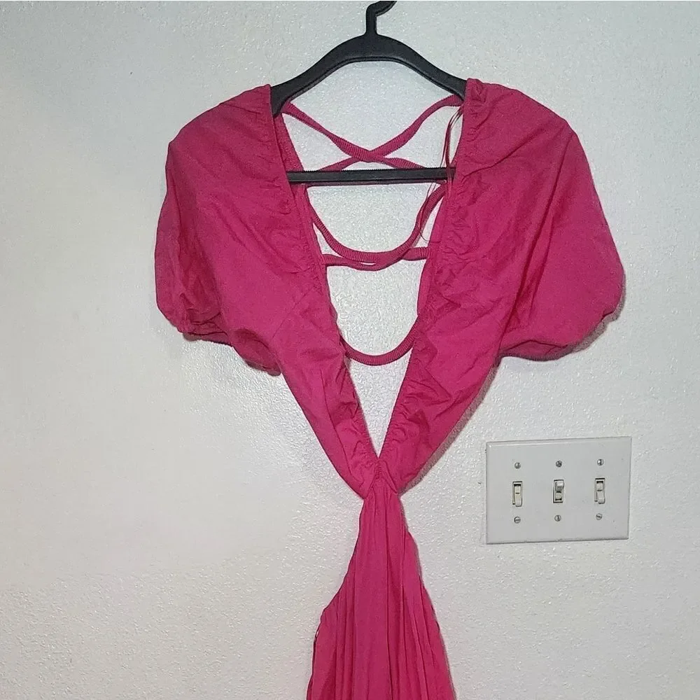 Zara Poplin Cut-off Puff-Sleeve Fucsia Dress Size Small - Picture 3 of 12